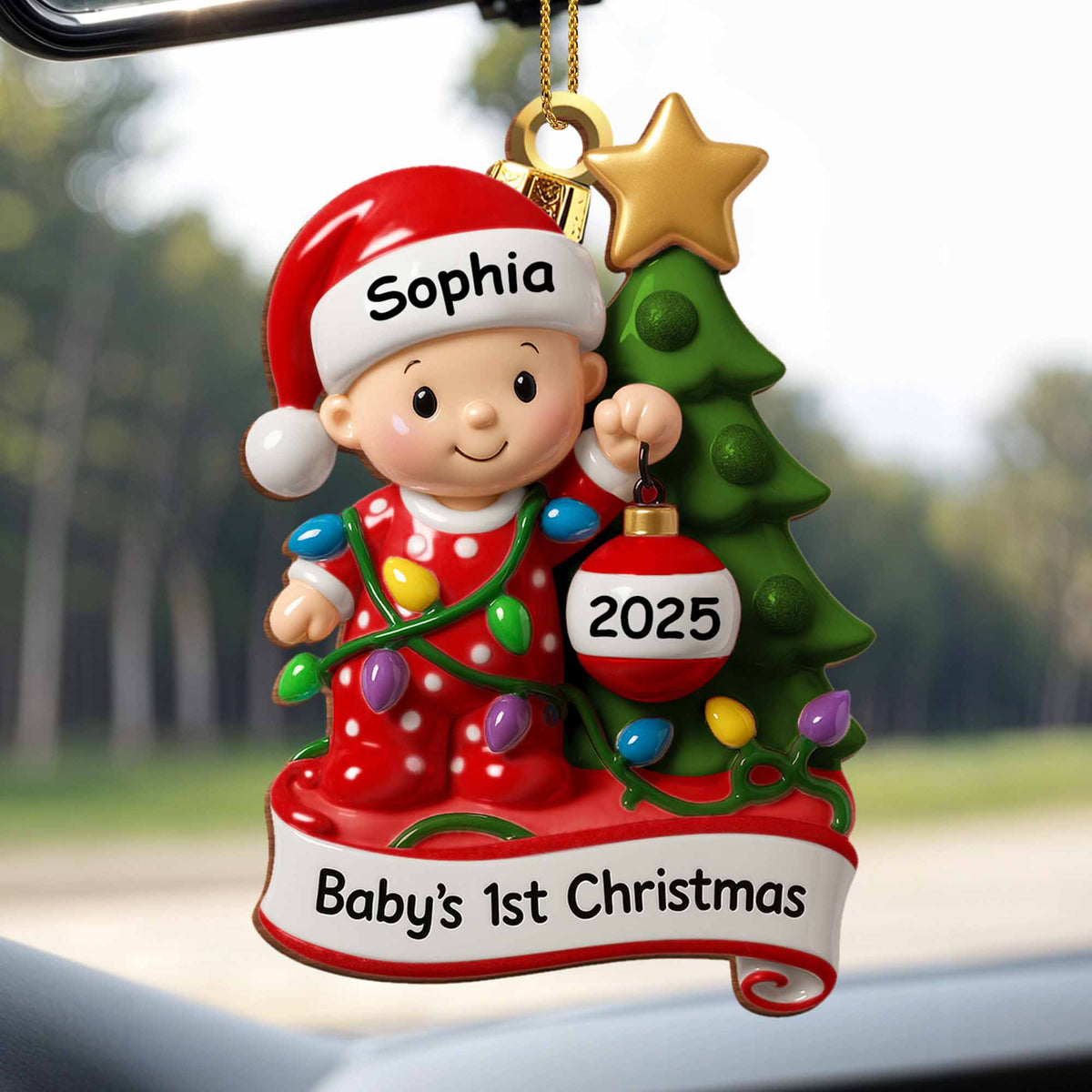 Baby's 1st Christmas With Festive Tree And Lights, Personalized Wood Ornament