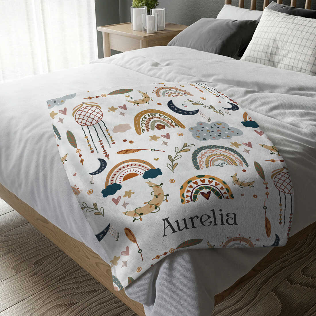 Personalized Toddler Blanket – Custom Name Boho Rainbow Baby Blanket, Unique Baby Shower Gift for Newborn & Kids
