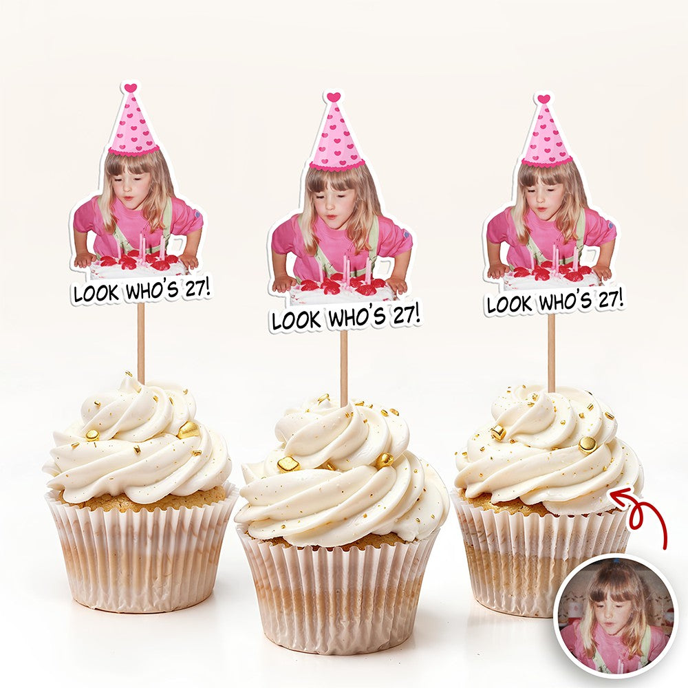 Funny Birthday Party Decor – Custom Retro Childhood Photo Personalized Cupcake Topper