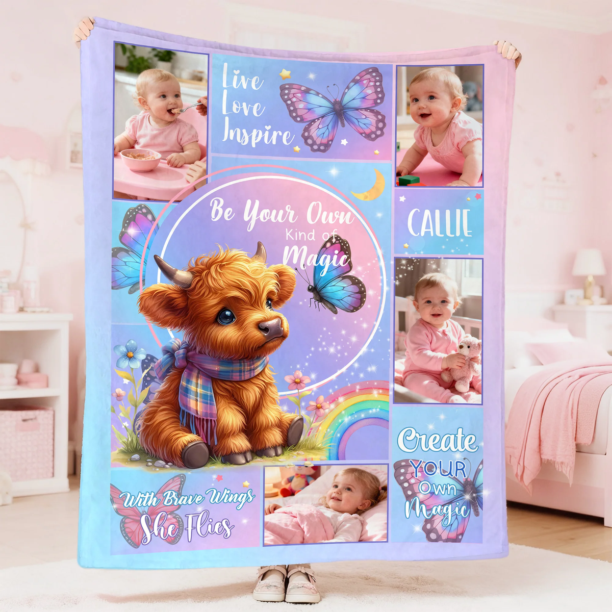 Personalized Floral Highland Cow Butterfly Soft Throw Blanket with Name and Photos
