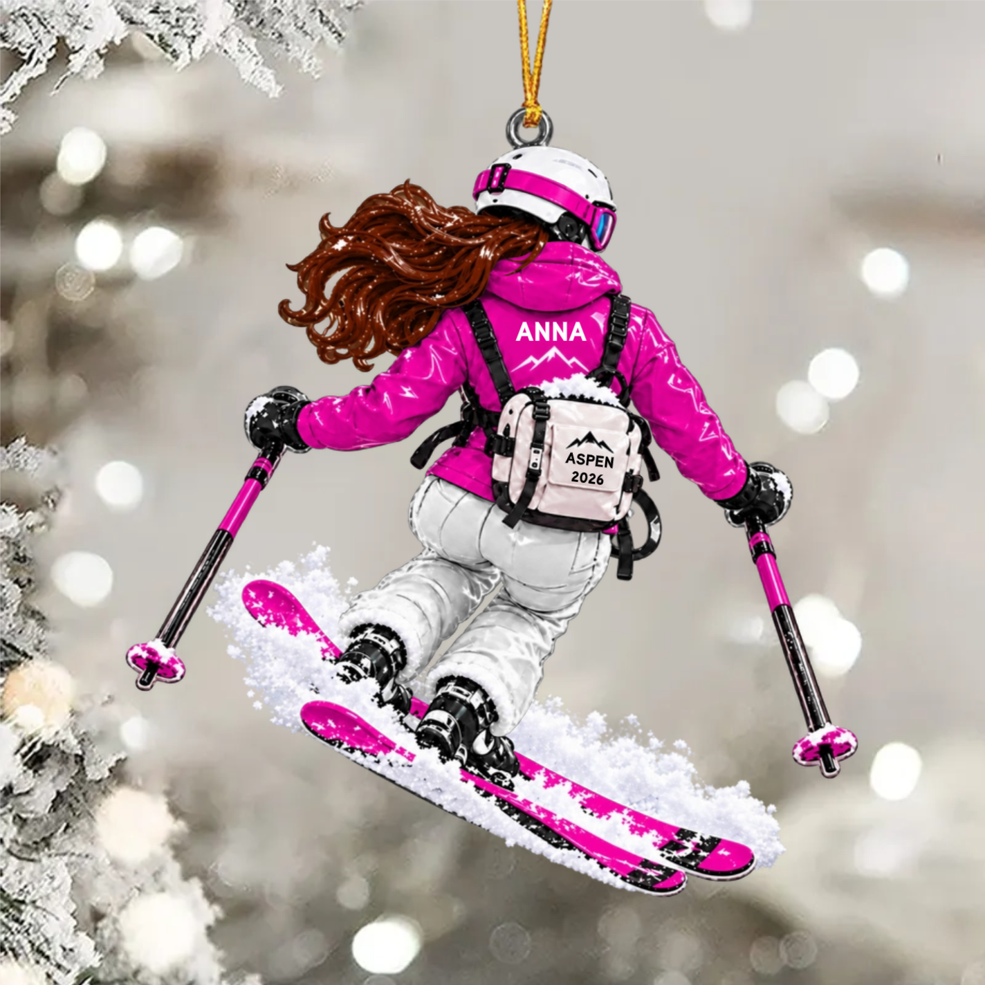 Girl Skier Gift - Alpine Ski Jump Action Personalized Christmas Ornament