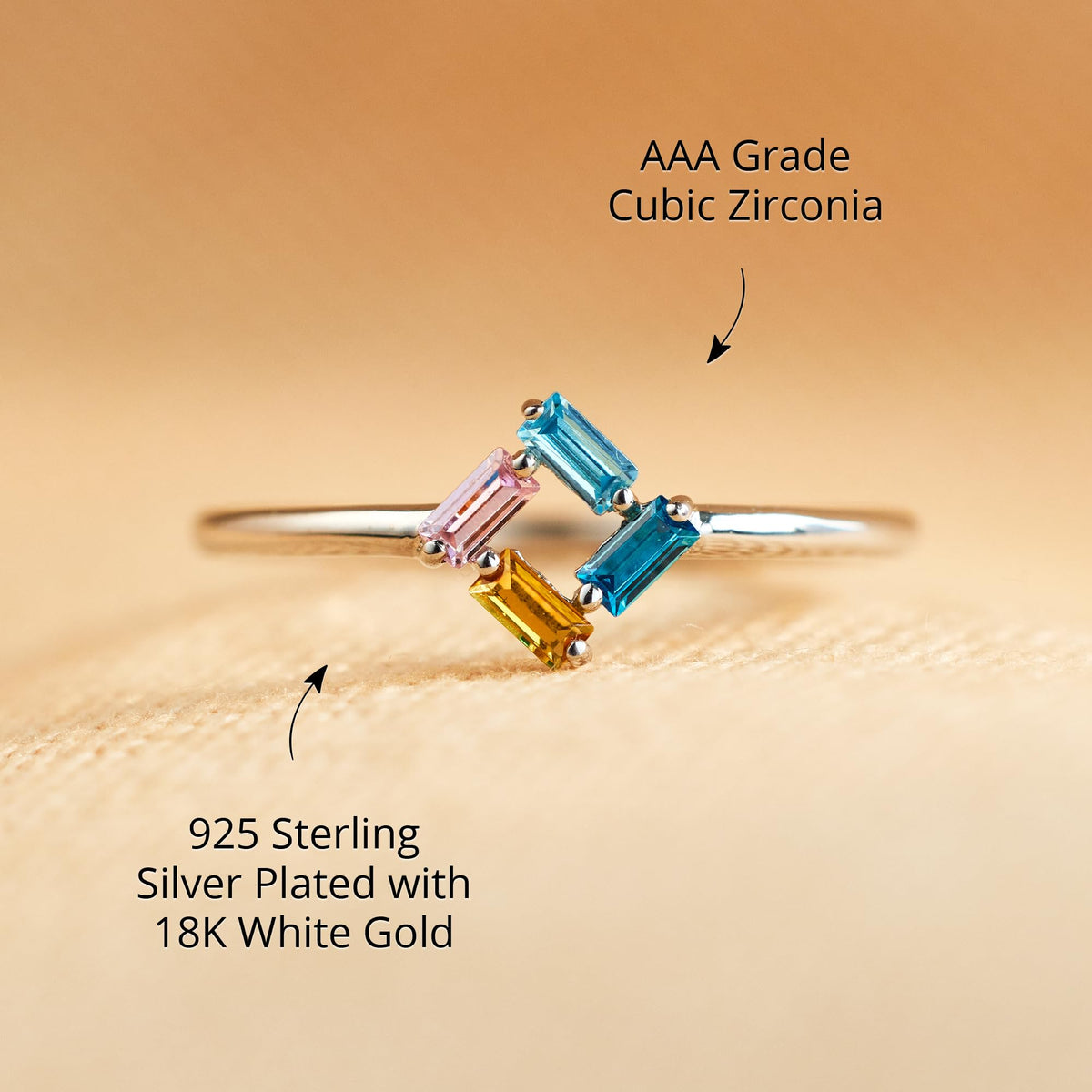 Personalized Baguette Mothers 3-6 Birthstones Family 925 Sliver Ring