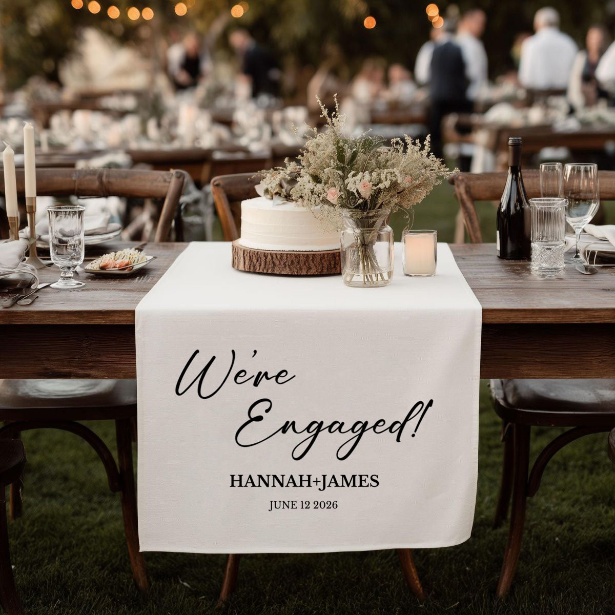 We’re Engaged - Personalized Wedding Table Runner, Rustic Cake Table Decoration Sign Gift