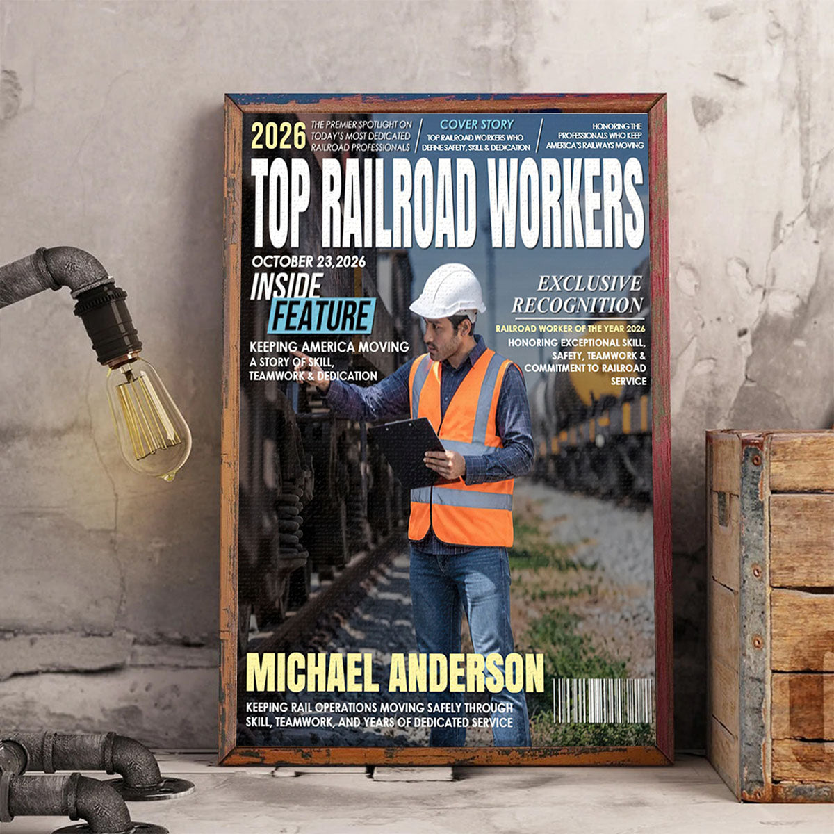 Personalized Railroad Worker Magazine Cover Canvas – Custom Name & Photo Recognition Gift | Railroad Employee Appreciation Keepsake