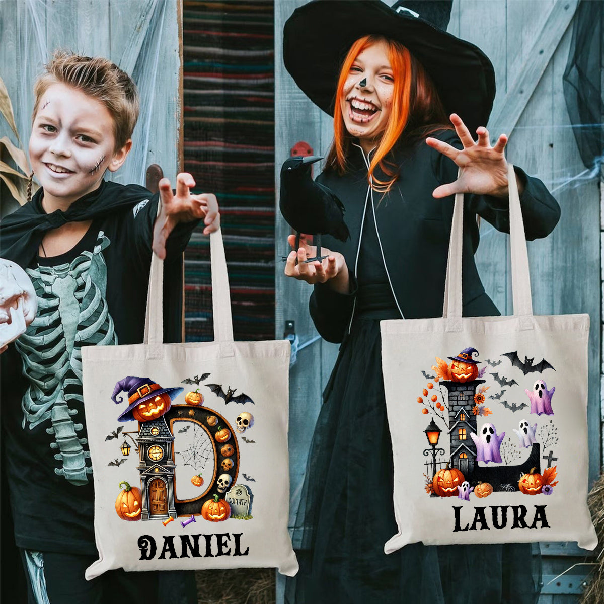 Personalized Halloween Trick Or Treat Candy Monogram Canvas Tote Bag For Kids