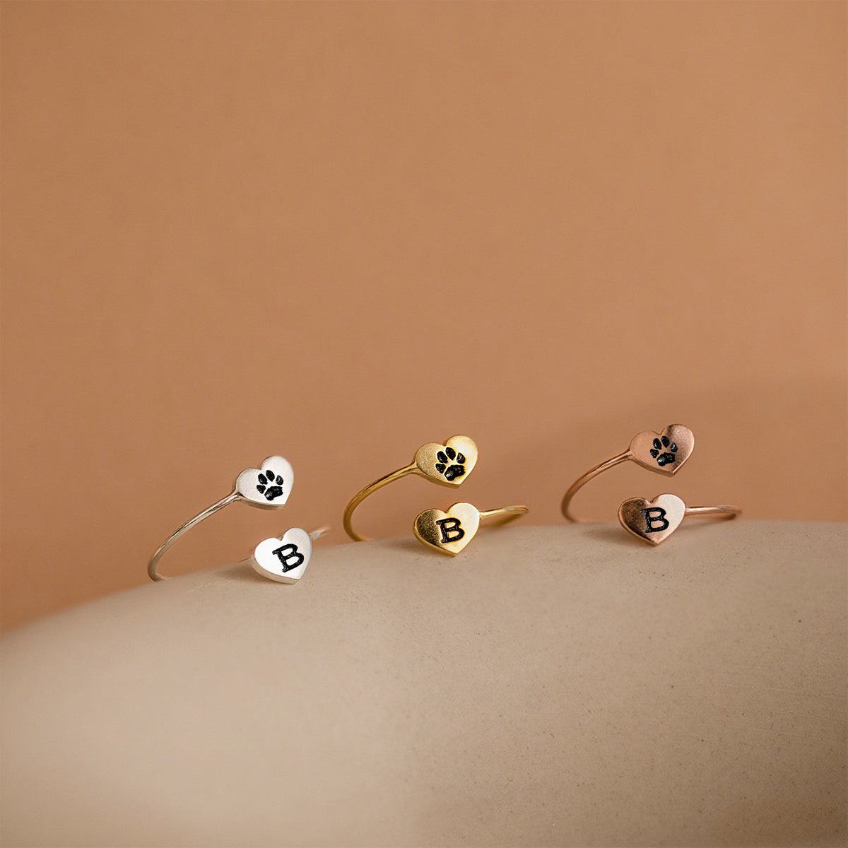 Personalized Double Heart Paw Fingerprint Ring Pet Lover Jewelry Gift