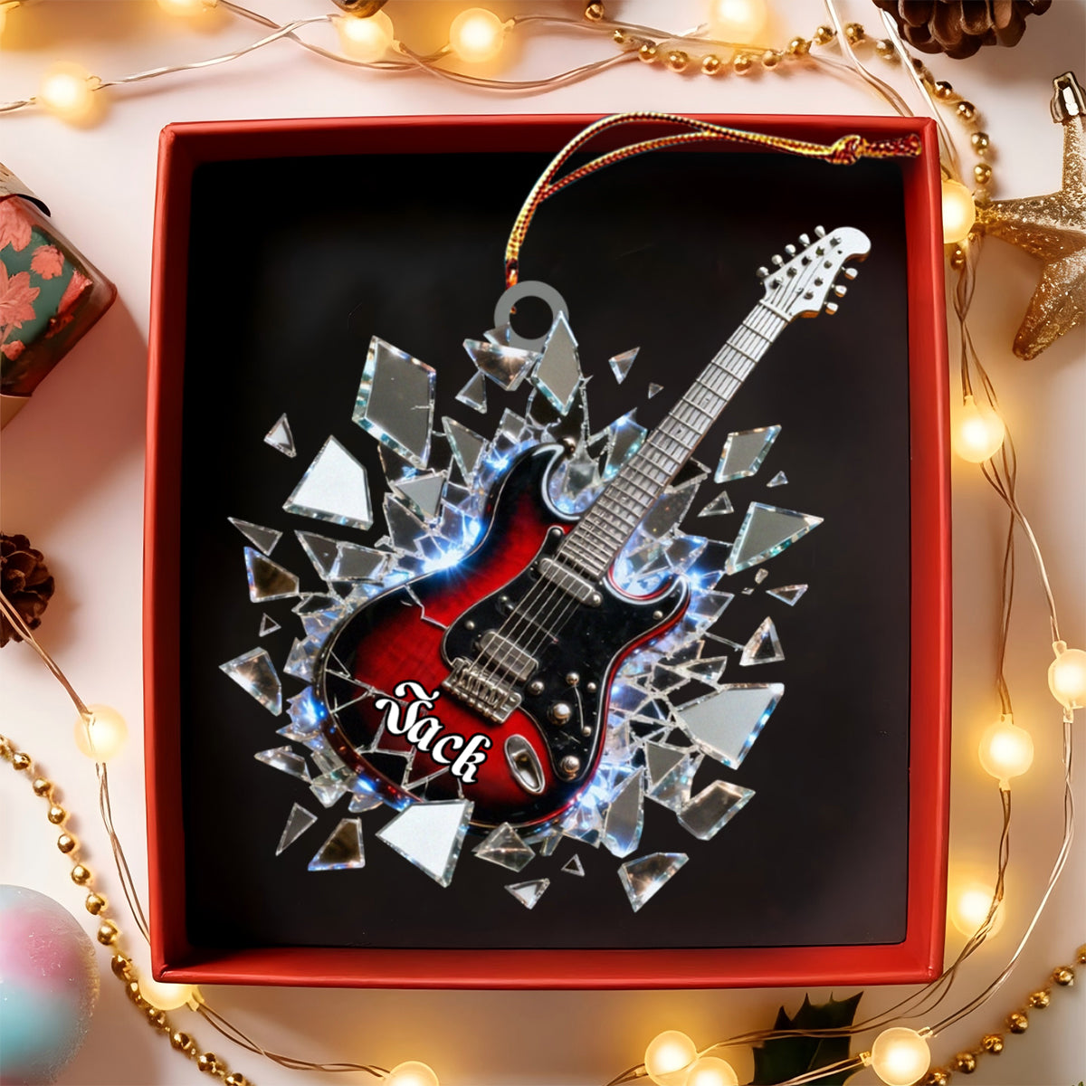 Shattered-Mirror Mini Electric Guitar Custom Name Stained Glass Effect Acrylic Christmas Ornament, Guitarist Gift