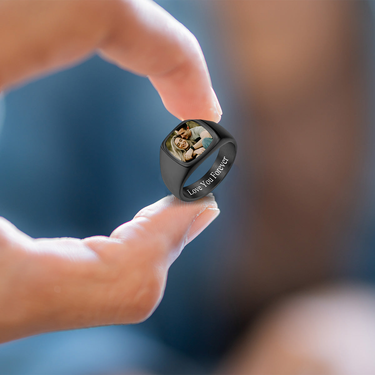 Love You Forever - Personalized Stained Glass Background Upload Photo Square Ring