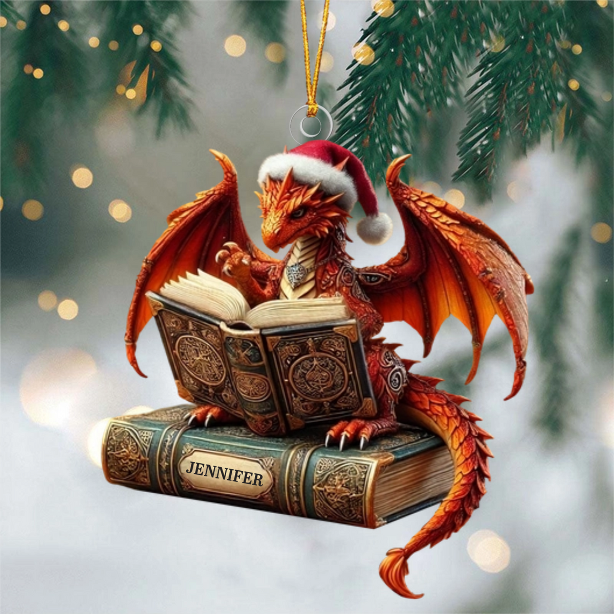 Dragon Reading Book Christmas Ornament, Personalized Ornament