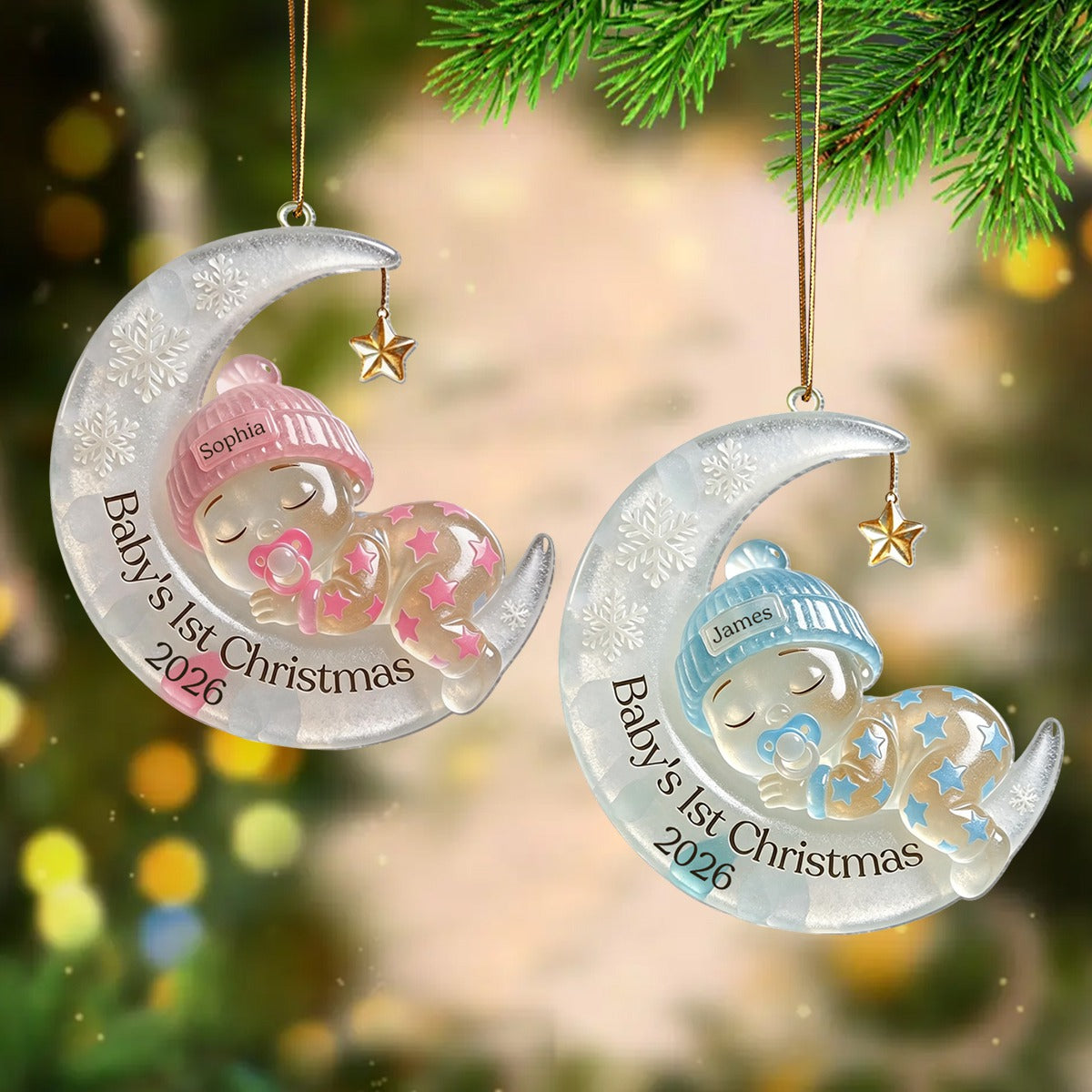 Baby’s First Christmas Personalized Ornament - Custom Moon Sea Glass Acrylic Keepsake, Newborn Gift