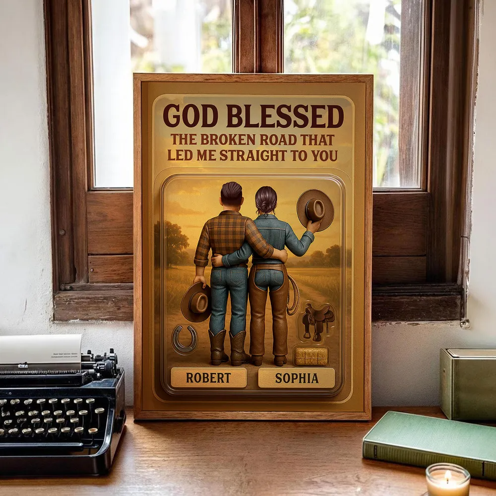 God Blessed The Broken Road - Custom Figure Country Vibe Cowboy & Cowgirl Couple Personalized Poster