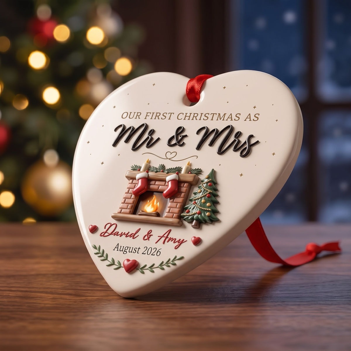 Couple Christmas - Our First Christmas Custom Names & Date Keepsake for Newlyweds & Wedding Gift - Personalized Heart Ceramic Ornament