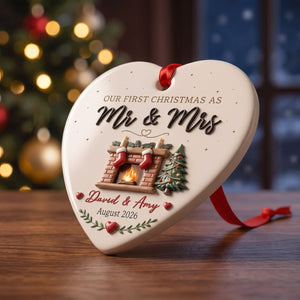 Couple Christmas - Our First Christmas Custom Names & Date Keepsake for Newlyweds & Wedding Gift - Personalized Heart Ceramic Ornament