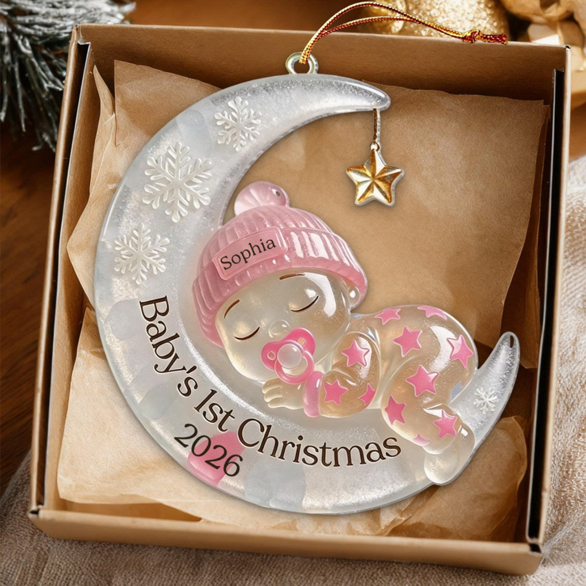 Baby’s First Christmas Personalized Ornament - Custom Moon Sea Glass Acrylic Keepsake, Newborn Gift