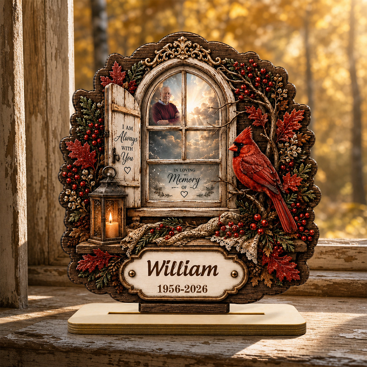 Personalized Cardinal Memorial Window Wooden Plaque,Custom Photo Memorial Gift