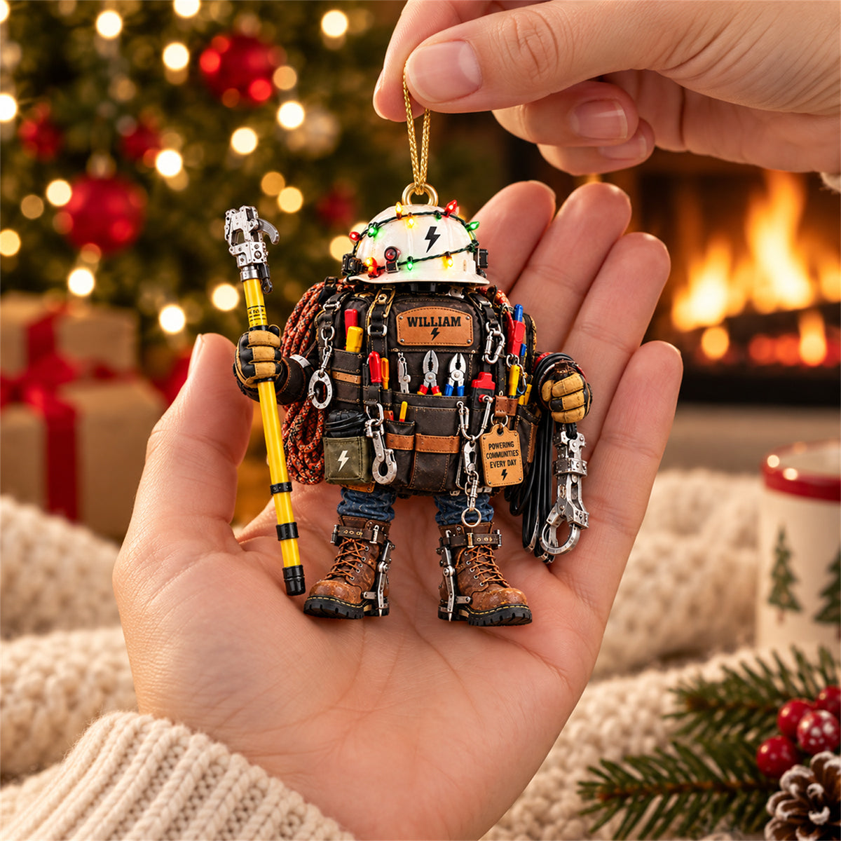 Personalized Lineman Christmas Ornament – Utility Worker Tool Bag & Hard Hat Gift