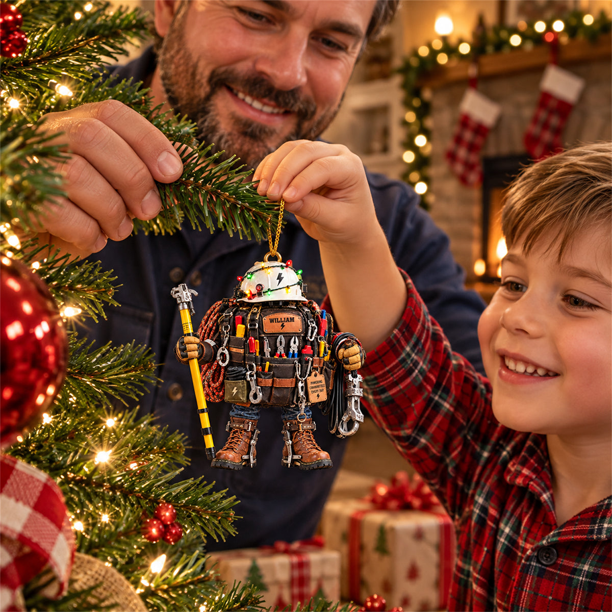 Personalized Lineman Christmas Ornament – Utility Worker Tool Bag & Hard Hat Gift