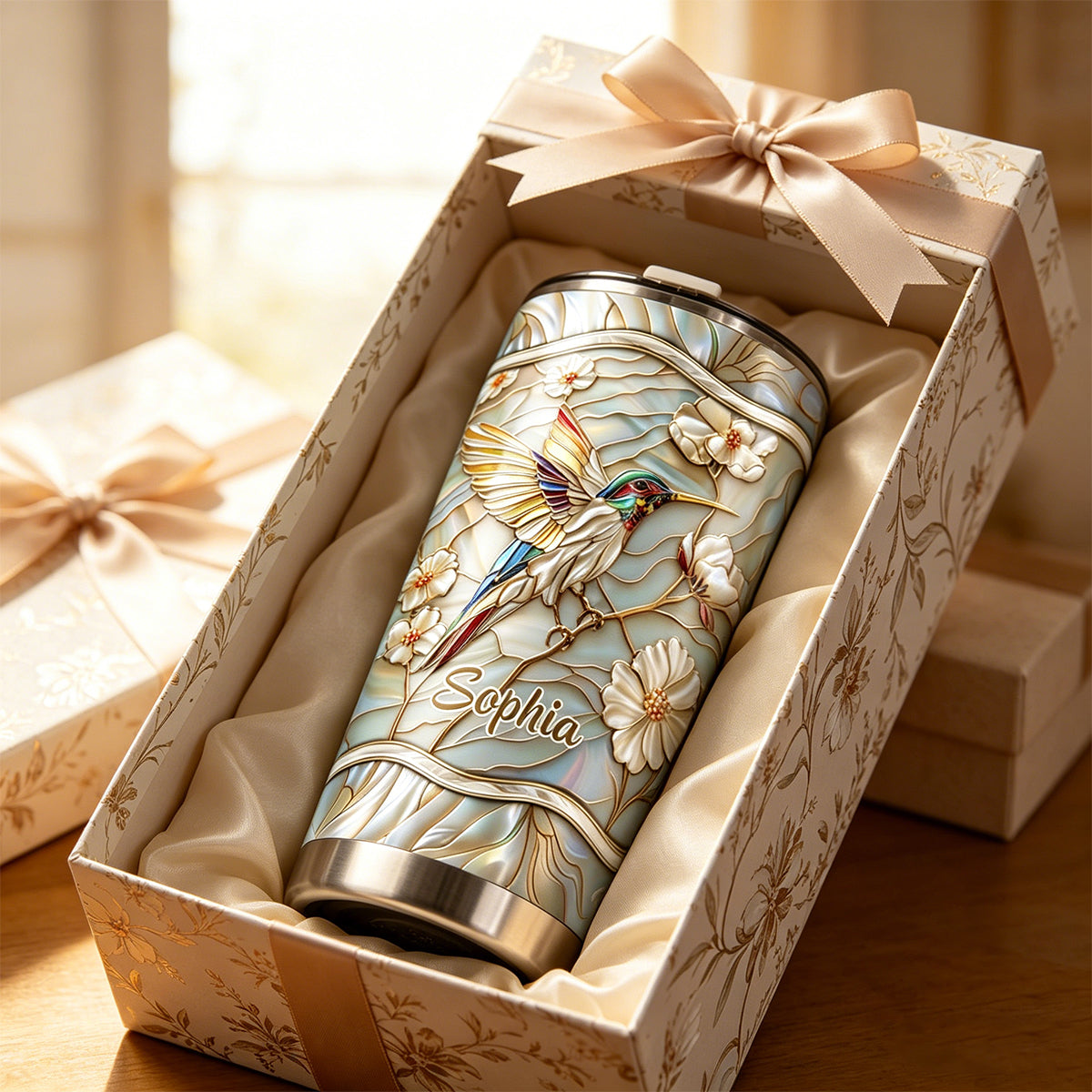 Stained Glass Hummingbird Personalized Name Tumbler