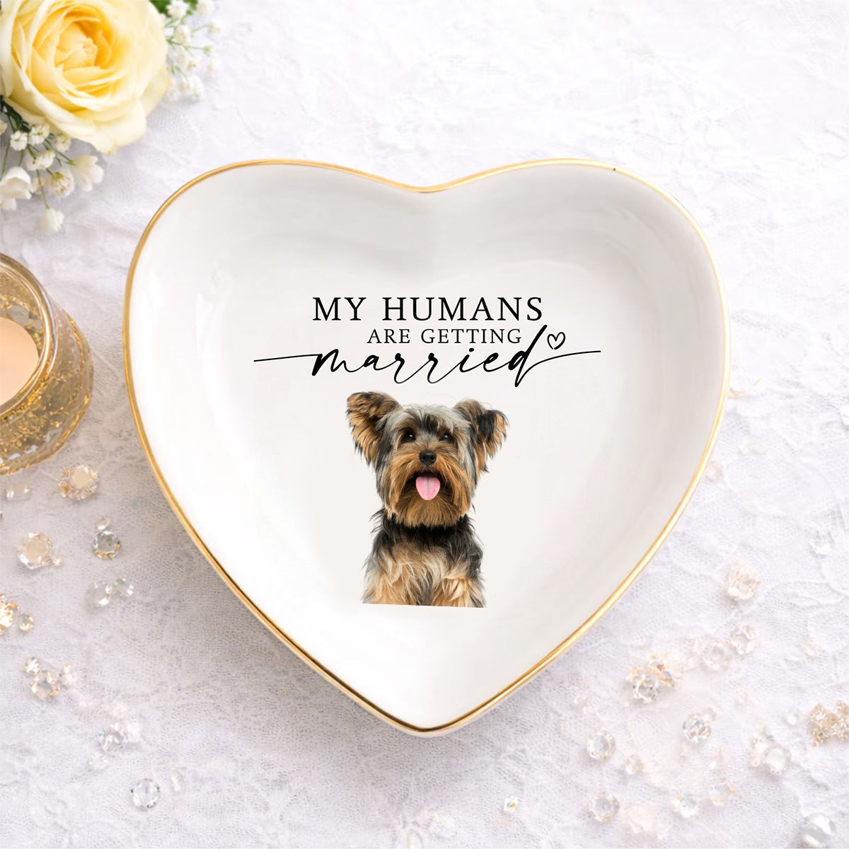 Custom "My Humans Are Getting Married" Ceramic Jewelry Tray - Personalized Pet Photo Ceramic Ring Dish - Engagement, Wedding Gift