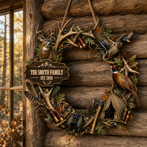 "Our Family Hunting" – Personalized Wood Sign Wreath | Gift For Hunters & Outdoorsmen