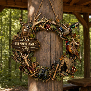 "Our Family Hunting" – Personalized Wood Sign Wreath | Gift For Hunters & Outdoorsmen