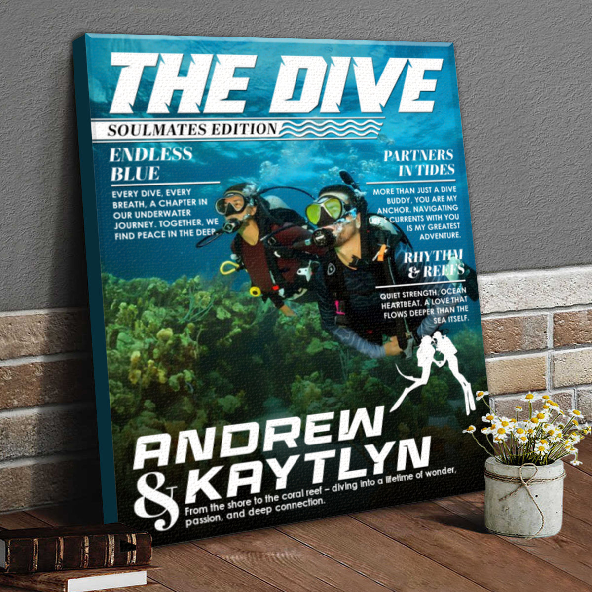 Custom Scuba Diver Couple Magazine Cover Canvas, Scuba Diving Magazine Cover, Ocean Lover Canvas Wall Art, Scuba Diving Soulmates Sign