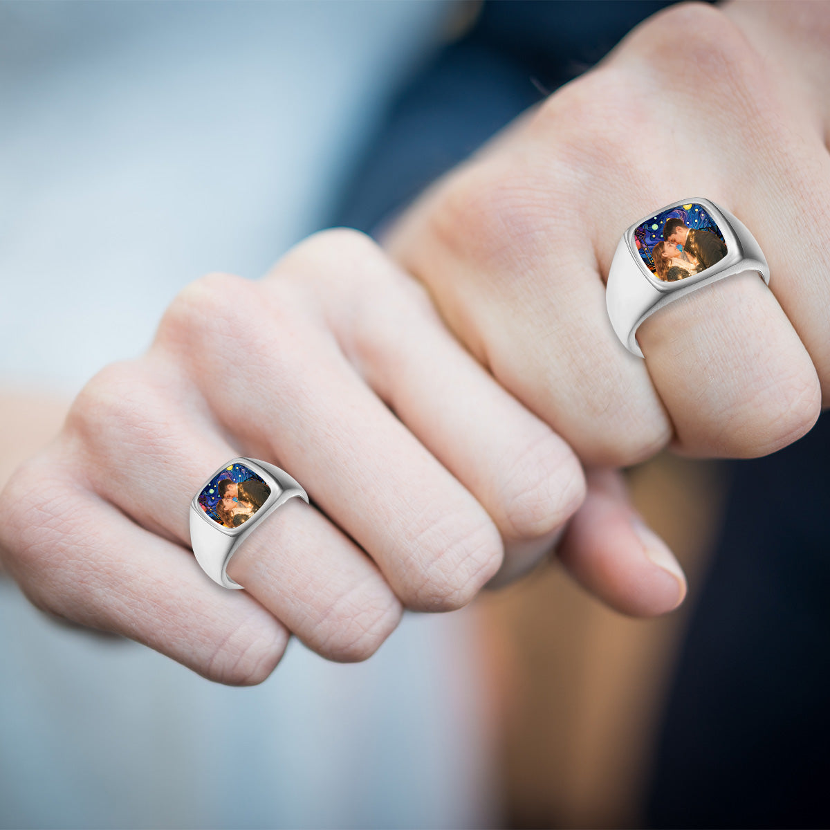 Love You Forever - Personalized Stained Glass Background Upload Photo Square Ring