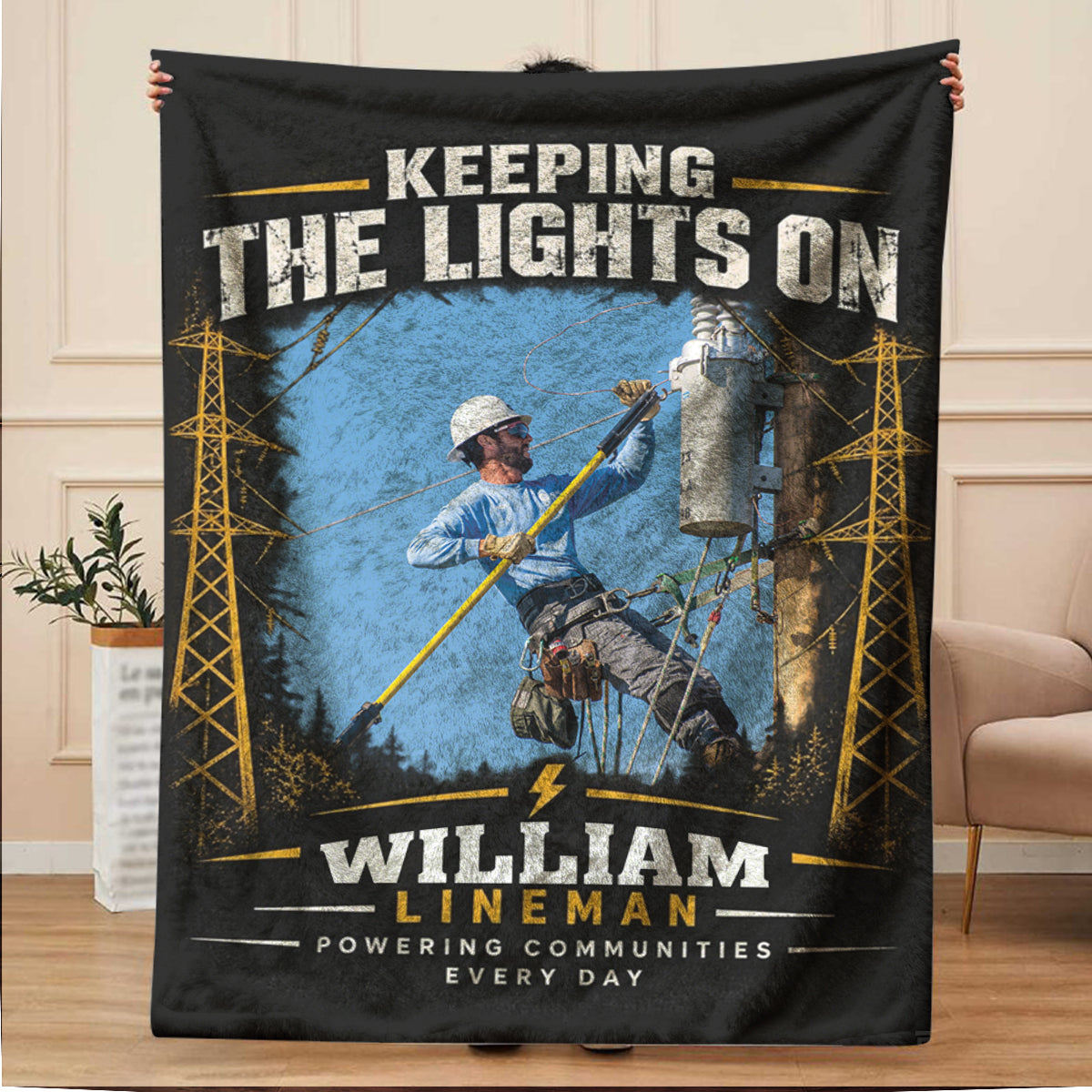 Keeping the Lights On Personalized Lineman Photo Blanket