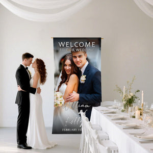 Custom Photo Fabric Wedding Welcome Sign • Modern Personalized Wedding Banner • Engagement Party Sign