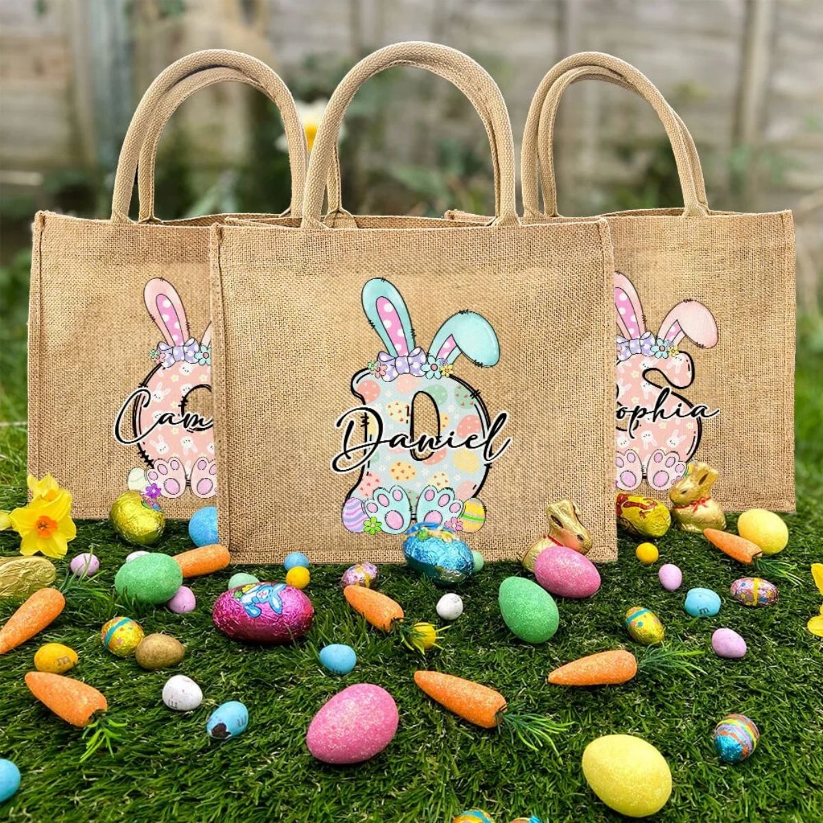 Personalized Cute Bow Easter Bunny Initial Jute Tote Bag, For Holding Easter Eggs Birthday Easter Party Gift for Kids