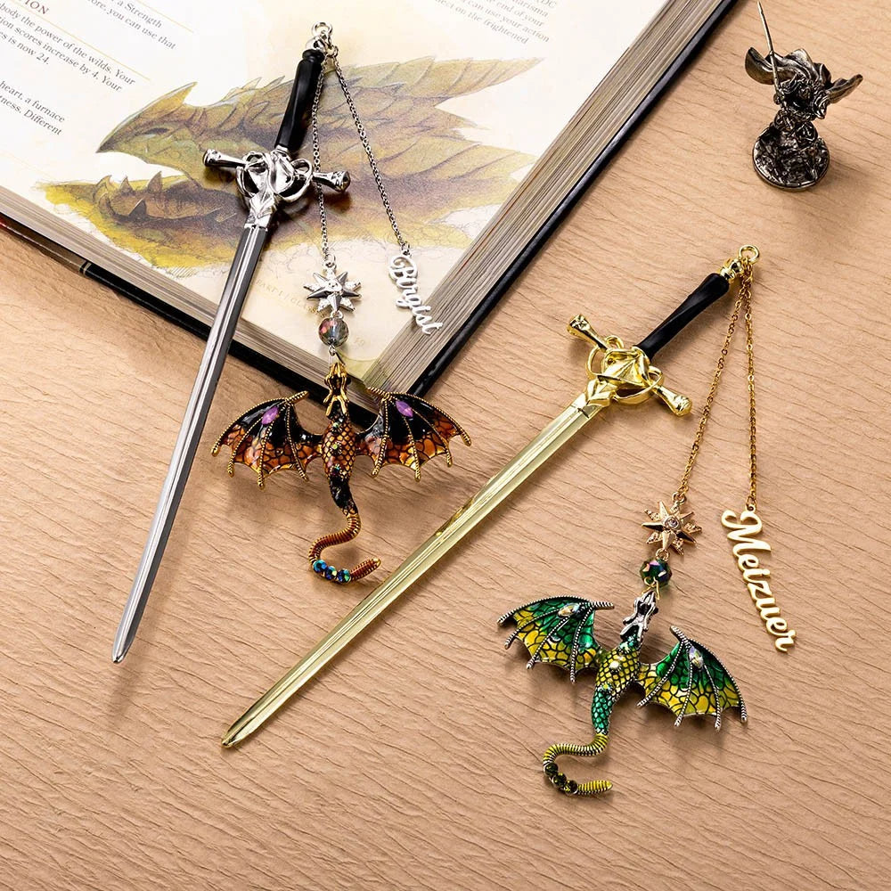 New Chapter Personalized Name Fantasy Dragon Sword Bookmark, Fourth Wing Dragon Bookmark