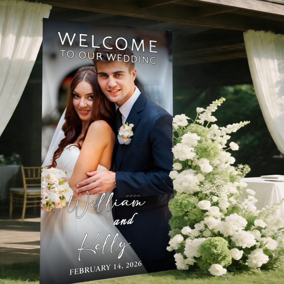 Custom Photo Fabric Wedding Welcome Sign • Modern Personalized Wedding Banner • Engagement Party Sign