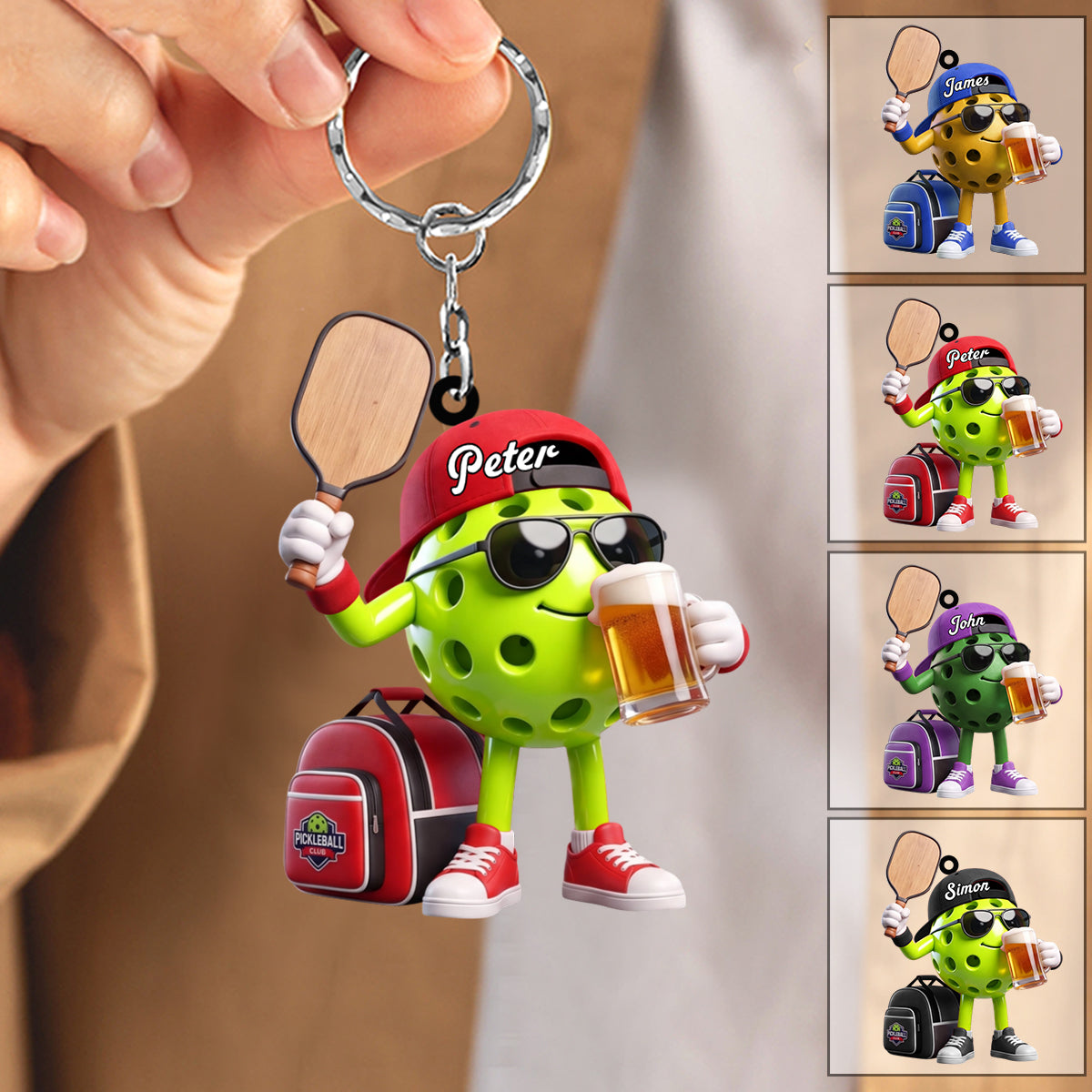 Sunglasses And Beer Pickleball Keychain - Personalized Cool Pickleball Ball Mascot Keychain