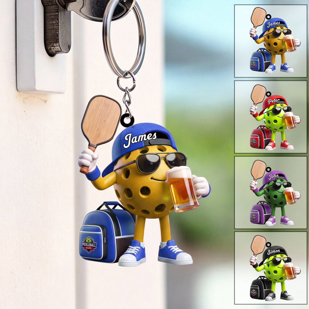 Sunglasses And Beer Pickleball Keychain - Personalized Cool Pickleball Ball Mascot Keychain
