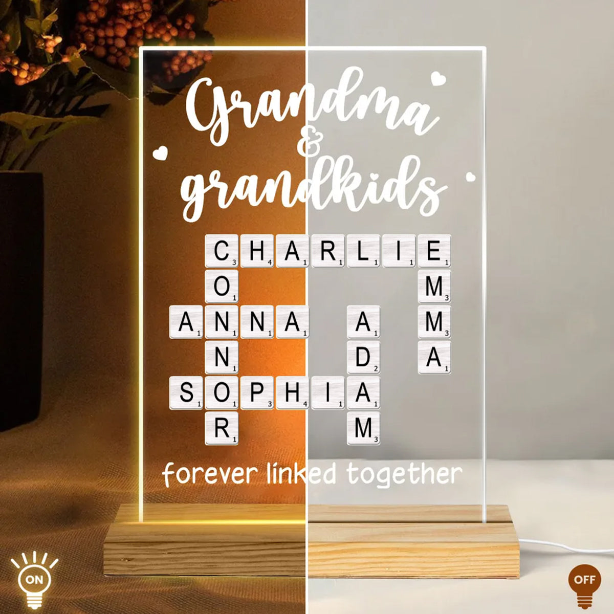 Grandma Grandpa & Grandkids Forever Linked Together Crossword Puzzle Personalized Acrylic Plaque With LED Night Light