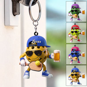 Playing Pickleball & Beer Toast Post Keychain - Personalized Cool Pickleball Ball Mascot Keychain