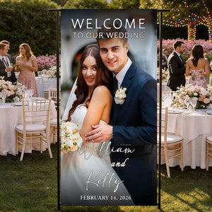 Custom Photo Fabric Wedding Welcome Sign • Modern Personalized Wedding Banner • Engagement Party Sign
