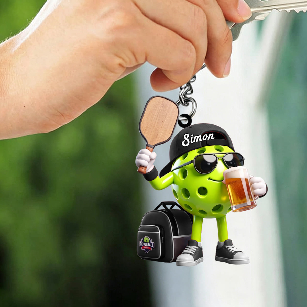 Sunglasses And Beer Pickleball Keychain - Personalized Cool Pickleball Ball Mascot Keychain