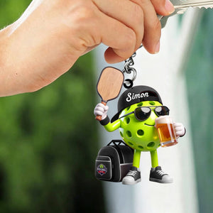Sunglasses And Beer Pickleball Keychain - Personalized Cool Pickleball Ball Mascot Keychain