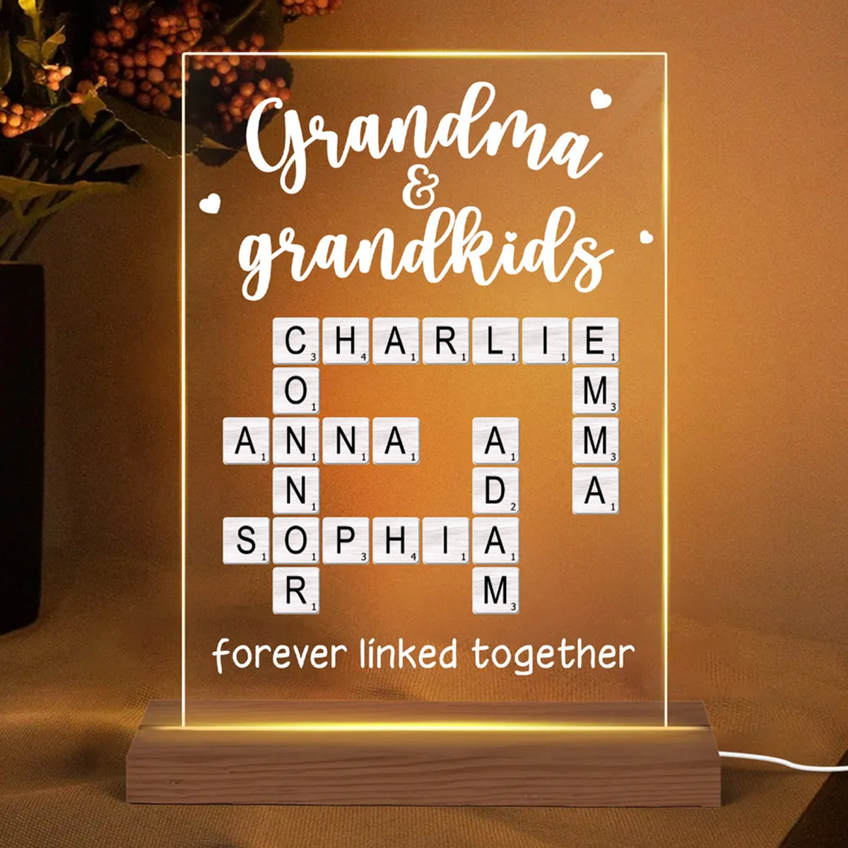 Grandma Grandpa & Grandkids Forever Linked Together Crossword Puzzle Personalized Acrylic Plaque With LED Night Light