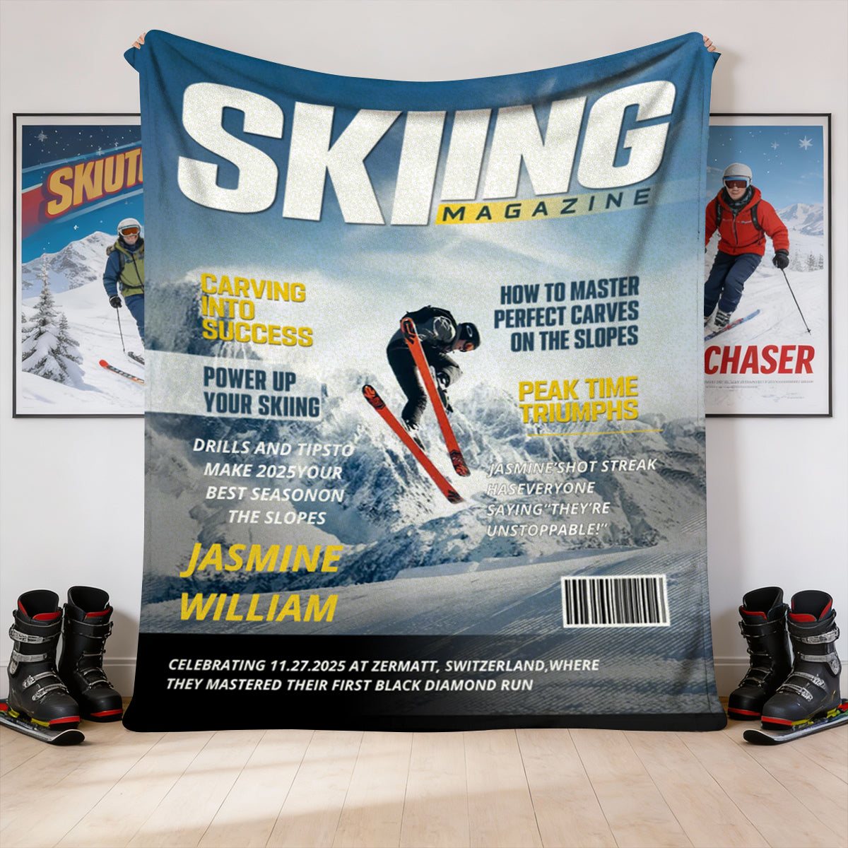 Personalized Skiing Magazine Cover Blanket Skiing Player Gift, Unique Gifts For Skiing Player