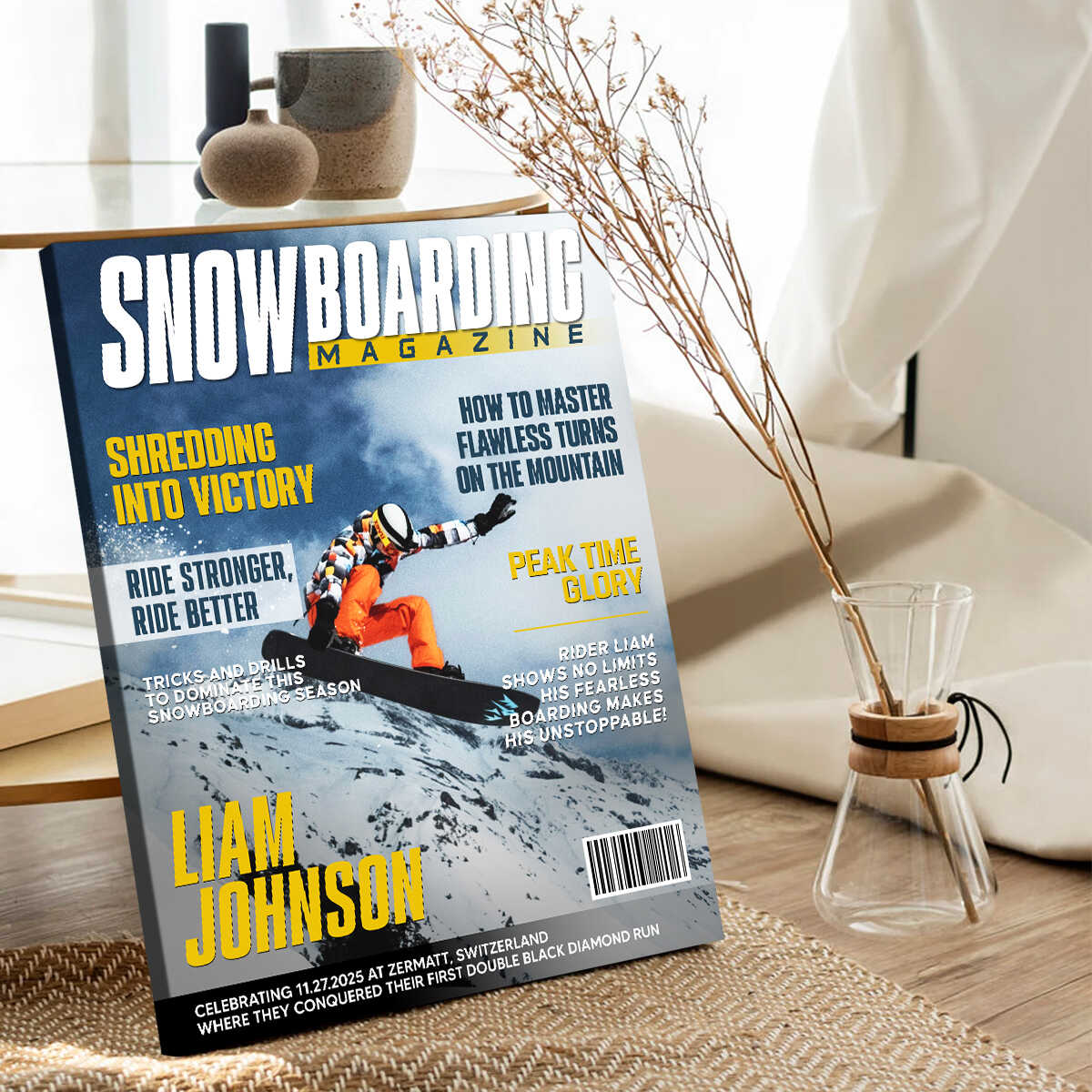 Personalized Snowboarding Magazine Cover Canvas, Snowboarding Player Gift, Unique Gifts For Snowboarding Lover