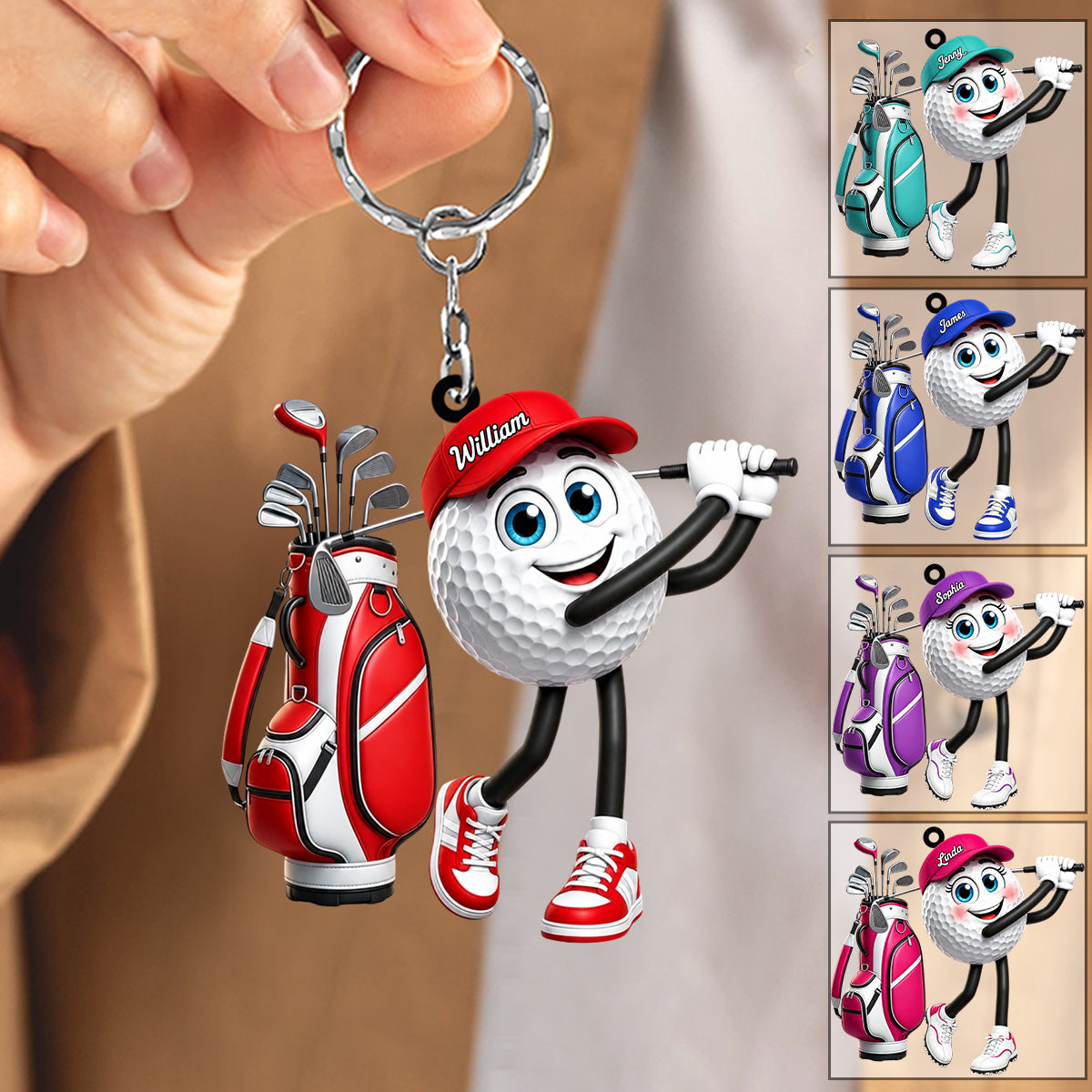 Golf Follow-Through Swing Cartoon Golfer - Personalized Golf Ball Mascot Keychain Gift for Male & Female Golfer