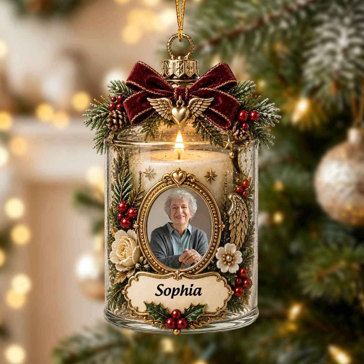 Personalized Vintage Candle Shape Memorial Ornament Custom Photo Christmas Gift For Loved Ones
