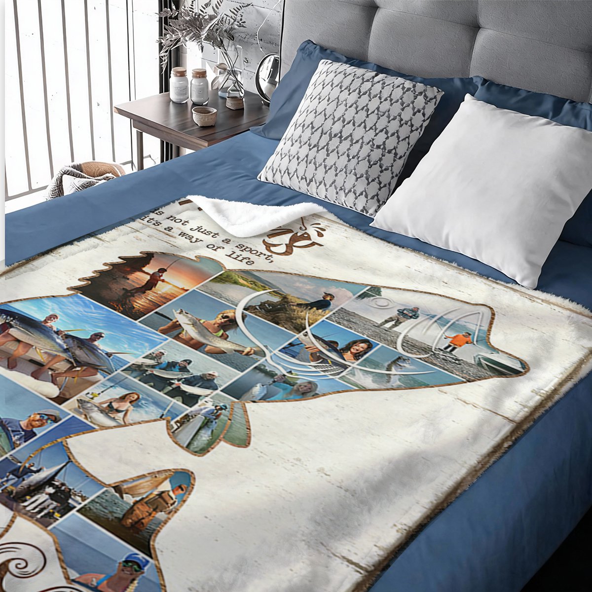 Personalized Fishing Photo Collage Blanket, Fish Shape Blanket, Fishing Gift