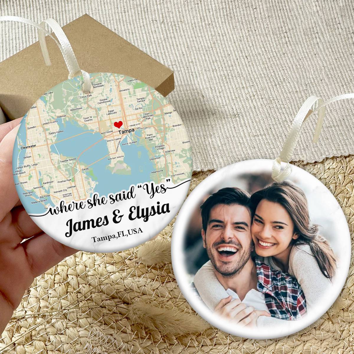 Personalized Couple Location Map Engagement Ornament - Custom Map & Photo Gift
