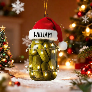 Personalized Pickle Jar Christmas Ornament – Funny Santa Hat Holiday Decoration