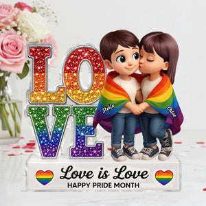 Pride Month Gift for LGBTQ+ Couple – Personalized "Love Is Love" Acrylic Block Plaque