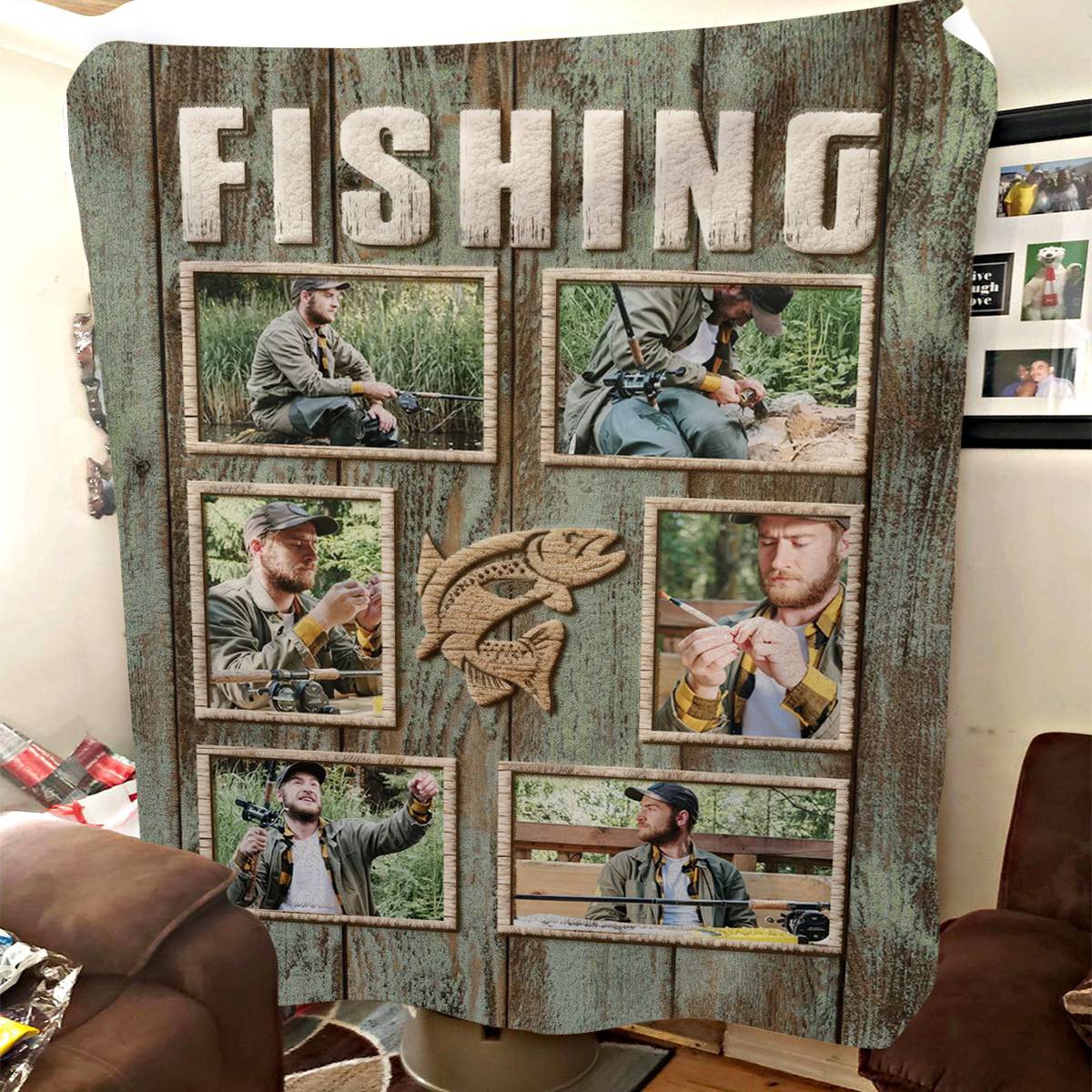 Personalized Fisherman Fishing Photo Collage Blanket, Fishing Gifts For Men