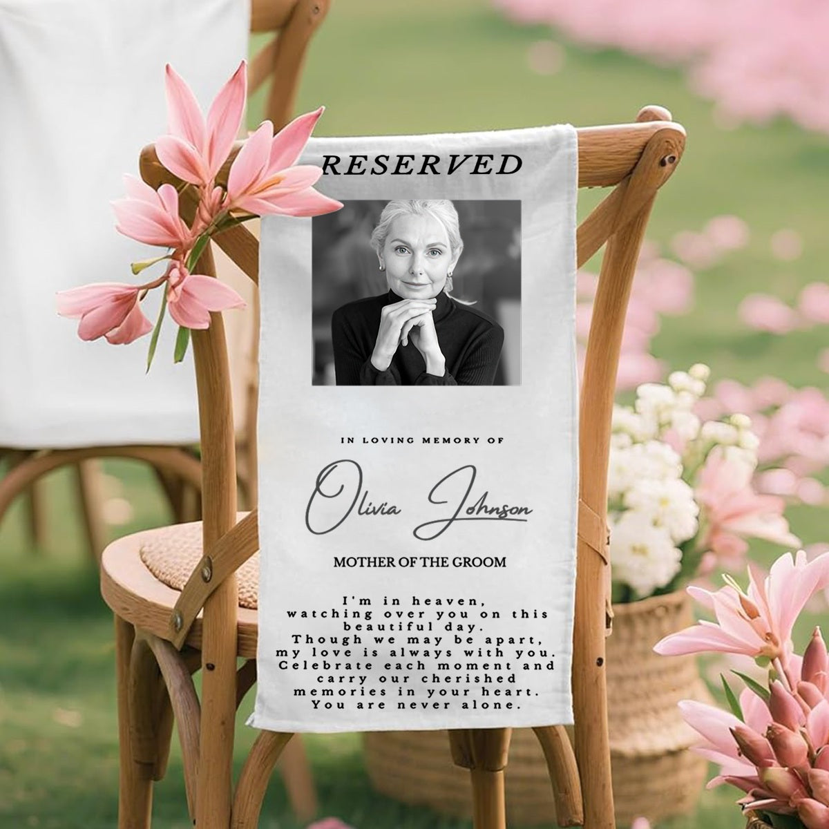 In Loving Memory From Heaven - Personalized Memorial Wedding Chair Sign Banner Reserved for Loved Ones
